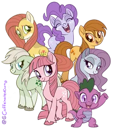 Size: 1440x1618 | Tagged: safe, artist:caffeinatedcarny, derpibooru import, blossom, blue belle, butterscotch (g1), cotton candy (g1), minty (g1), posey, spike (g1), dragon, earth pony, pony, g1, back freckles, coat markings, colored hooves, countershading, facial markings, freckles, g1 to g4, g4, generation leap, gradient hooves, group shot, image, looking at you, markings, mealy mouth (coat marking), png, redesign, simple background, socks (coat marking), transparent background, unshorn fetlocks