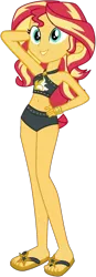 Size: 533x1524 | Tagged: safe, artist:fireluigi29, derpibooru import, sunset shimmer, human, equestria girls, arm behind head, bare shoulders, belly button, bikini, bikini bottom, black bikini, clothes, curvy, hand on hip, hourglass figure, image, midriff, png, sandals, simple background, solo, sunset shimmer's beach shorts swimsuit, swimsuit, transparent background, vector