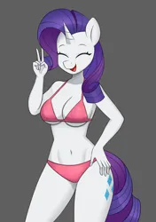 Size: 1394x1982 | Tagged: suggestive, artist:handgunboi, derpibooru import, rarity, anthro, pony, unicorn, belly button, bikini, breasts, cleavage, clothes, eyes closed, hand on hip, image, open mouth, peace sign, png, smiling, solo, swimsuit, underboob