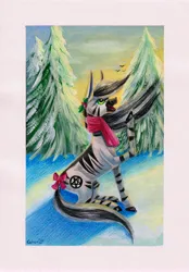 Size: 4818x6914 | Tagged: safe, artist:cahandariella, derpibooru import, oc, oc:cahan, unofficial characters only, zebra, bow, clothes, colored pencil drawing, female, gouache, green eyes, hair bow, image, jpeg, painting, passepartout, quadrupedal, scarf, snow, solo, sunset, traditional art, tree, winter, zebra oc