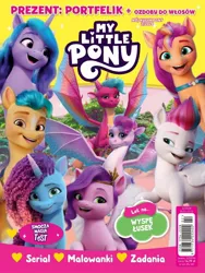 Size: 828x1100 | Tagged: safe, derpibooru import, official, hitch trailblazer, izzy moonbow, pipp petals, sunny starscout, zipp storm, dragon, earth pony, pegasus, unicorn, g5, blaize skysong, cover, egmont, image, jade (g5), jpeg, looking at you, looking away, magazine, merchandise, misty brightdawn, poland, polish, smiling, smiling at you