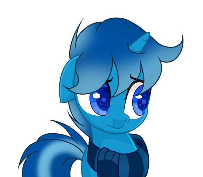 Size: 735x641 | Tagged: safe, derpibooru import, oc, oc:wolf blake, unicorn, my little pony: the movie, blue eyes, clothes, horn, image, jpeg, sad, scarf, simple background, white background