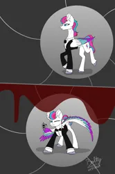 Size: 5080x7662 | Tagged: safe, artist:lightning bolty, derpibooru import, zipp storm, pegasus, pony, g5, 2 panel comic, alternate hairstyle, blood, bowtie, cheek fluff, clothed ponies, clothes, colored, colored wings, comic, commission, commissioner:snowy comet, concave belly, crouching, date (time), female, flat colors, folded wings, formal wear, frown, gun, handgun, high res, image, james bond, leg fluff, lidded eyes, looking at you, mare, multicolored wings, no source available, one eye closed, pistol, png, reference to another series, signature, slender, solo, spread wings, standing on two hooves, sternocleidomastoid, suit, thin, unshorn fetlocks, walking, weapon, wing hands, wing hold, wings