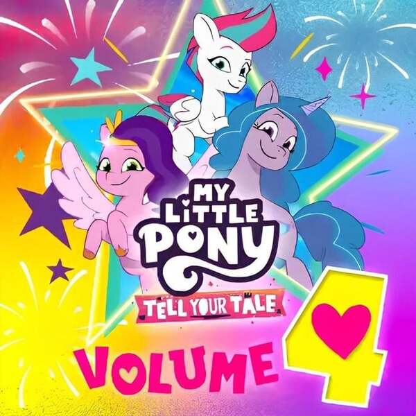Size: 649x649 | Tagged: safe, derpibooru import, official, izzy moonbow, pipp petals, zipp storm, pegasus, unicorn, g5, my little pony: tell your tale, album cover, cover, fireworks, heart, image, jpeg, looking at you, low quality, lowres, smiling, smiling at you, stars
