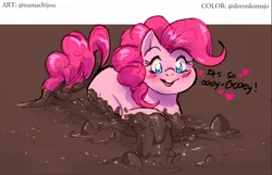 Size: 1364x881 | Tagged: safe, artist:doronkomajo, artist:jiyako, derpibooru import, pinkie pie, earth pony, blue eyes, bubble, dialogue, dirty, heart, image, mud, muddy, open mouth, open smile, png, smiling, wet and messy
