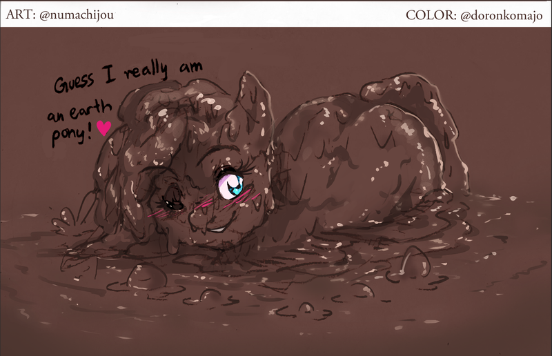 Size: 1366x881 | Tagged: safe, artist:doronkomajo, artist:jiyako, derpibooru import, pinkie pie, earth pony, pony, blue eyes, blushing, bubble, butt, covered in mud, dialogue, dirty, heart, image, looking at you, mud, muddy, one eye closed, plot, png, smiling, wet and messy