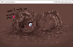 Size: 1366x881 | Tagged: safe, artist:doronkomajo, artist:jiyako, derpibooru import, pinkie pie, earth pony, pony, blue eyes, blushing, bubble, butt, covered in mud, dialogue, dirty, heart, image, looking at you, mud, muddy, one eye closed, plot, png, smiling, wet and messy