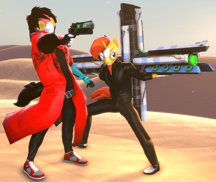 Size: 2560x2160 | Tagged: safe, artist:sorencreatesthings, derpibooru import, sunburst, oc, anthro, pegasus, 3d, badass, cross, desert, g4, gun, handgun, image, nicholas d. wolfwood, pegasus oc, png, revolver, trigun, vash the stampede, weapon, wings