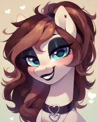 Size: 1024x1280 | Tagged: safe, ai content, derpibooru import, machine learning generated, stable diffusion, oc, oc:brownie, earth pony, pony, beautiful, bedroom eyes, blue eyes, blushing, bust, choker, cute, earth pony oc, eyeshadow, female, generator:pony diffusion v6 xl, generator:purplesmart.ai, goth, grin, happy, heart, image, jpeg, lipstick, looking at you, makeup, messy mane, piercing, ponytail, portrait, prompt in description, prompter:diego96, simple background, smiling, solo