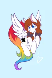 Size: 1365x2048 | Tagged: safe, artist:mscolorsplash, derpibooru import, oc, oc:color splash, unofficial characters only, pegasus, pony, bow, female, flying, hair bow, image, light blue background, mare, pigtails, png, rainbow tail, simple background, solo, spread wings, tail, twintails, wings