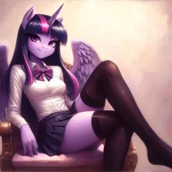Size: 2048x2048 | Tagged: safe, ai content, derpibooru import, machine learning generated, prompter:krivovyaz, twilight sparkle, twilight sparkle (alicorn), alicorn, anthro, bowtie, clothes, generator:bing image creator, generator:dall-e 3, hips, image, miniskirt, png, shirt, sitting, skirt, smiling, socks, solo, stockings, thigh highs, throne