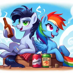 Size: 1024x1024 | Tagged: safe, ai content, derpibooru import, machine learning generated, prompter:*rainbow dash*, rainbow dash, soarin', alcohol, beer, cloud, cloudy, drunk, female, g4, generator:bing image creator, image, male, party, png, shipping, sky, smiling, smoking, soarindash, straight