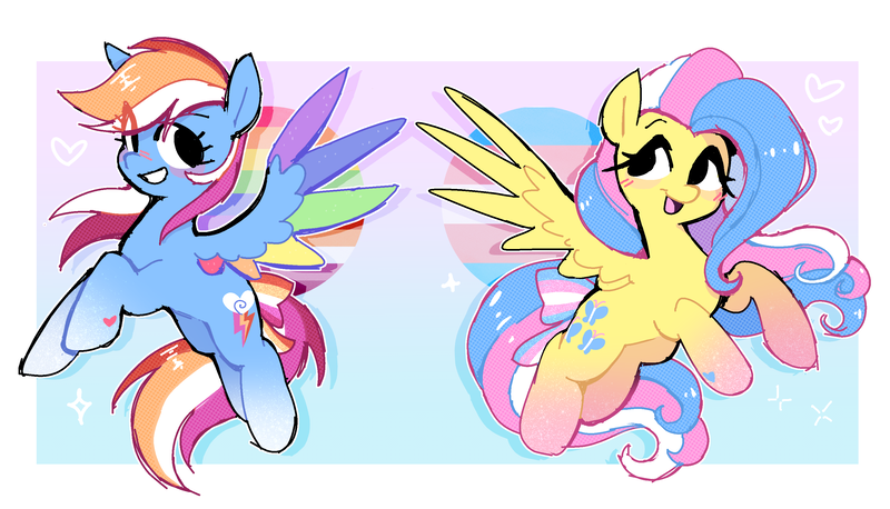 Size: 3072x1760 | Tagged: safe, artist:syrupyyy, derpibooru import, fluttershy, rainbow dash, pegasus, pony, colored wings, cute, dashabetes, duo, duo female, female, flying, g4, gradient background, gradient hooves, grin, image, lesbian pride flag, looking at each other, looking at someone, mare, markings, mouthpiece, multicolored wings, open mouth, open smile, passepartout, png, politics, pride, pride flag, rainbow wings, redraw, shyabetes, smiling, spread wings, trans female, trans fluttershy, transgender, transgender pride flag, wings