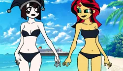 Size: 999x578 | Tagged: safe, derpibooru import, sunset shimmer, equestria girls, bikini, clothes, cropped, female, goth, image, lesbian, ocean liner, png, pomni, queen mary 2, ship:sunpom, swimsuit, the amazing digital circus