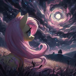 Size: 1024x1024 | Tagged: safe, ai content, derpibooru import, machine learning generated, prompter:enterusxrname, fluttershy, pony, cloud, g4, generator:bing image creator, generator:dall-e 3, image, jpeg, moon, night, outdoors, rear view, solo, wingless