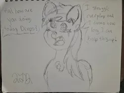 Size: 2048x1536 | Tagged: safe, artist:2tailedderpy, derpibooru import, derpy hooves, pegasus, chest fluff, crying, derp, dialogue, ear fluff, eyelashes, female, image, jpeg, looking at you, offscreen character, open mouth, paper, sketch, solo, solo female, speech bubble, text, vent art, wall eyed, wings