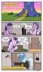 Size: 1855x3112 | Tagged: safe, artist:balileart, derpibooru import, starlight glimmer, trixie, twilight sparkle, twilight sparkle (alicorn), alicorn, pony, unicorn, comic, dialogue, female, image, mare, png, seinfeld, speech bubble, text box, twilight's castle