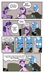 Size: 1855x3112 | Tagged: safe, artist:balileart, derpibooru import, starlight glimmer, trixie, twilight sparkle, twilight sparkle (alicorn), alicorn, pony, unicorn, comic, couch, dialogue, female, image, mare, png, seinfeld, speech bubble, trio