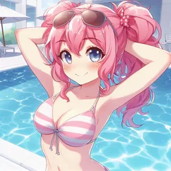 Size: 1024x1024 | Tagged: safe, ai content, derpibooru import, machine learning generated, pinkie pie, human, adorasexy, alternate hairstyle, anime, arm behind head, armpits, bikini, blushing, breasts, bust, busty pinkie pie, cleavage, clothes, cute, diapinkes, g4, generator:bing image creator, generator:dall-e 3, humanized, image, jpeg, looking at you, outdoors, pigtails, pink bikini, portrait, sexy, smiling, smiling at you, solo, standing, striped swimsuit, stupid sexy pinkie, sunglasses, sunglasses on head, swimming pool, swimsuit, twintails