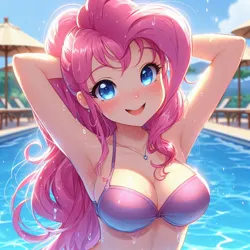 Size: 1024x1024 | Tagged: safe, ai content, derpibooru import, machine learning generated, pinkie pie, human, adorasexy, anime, arm behind head, armpits, bikini, blurry background, blushing, breasts, bust, busty pinkie pie, cleavage, clothes, cute, diapinkes, g4, generator:bing image creator, generator:dall-e 3, humanized, image, jewelry, jpeg, looking at you, necklace, outdoors, pink bikini, portrait, sexy, smiling, smiling at you, solo, standing, stupid sexy pinkie, swimming pool, swimsuit, wet, wet hair