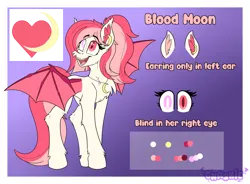 Size: 3380x2492 | Tagged: safe, artist:gnashie, derpibooru import, oc, oc:blood moon, unofficial characters only, bat pony, bat pony oc, bat wings, blind eye, cutie mark, ear piercing, earring, image, jewelry, necklace, open mouth, piercing, png, reference sheet, spread wings, text, wings