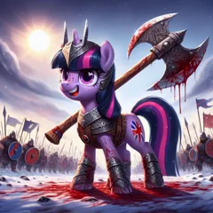 Size: 1024x1024 | Tagged: semi-grimdark, ai content, derpibooru import, machine learning generated, twilight sparkle, human, pony, unicorn, axe, battlefield, blood, generator:dall-e 3, helmet, horned helmet, image, jpeg, open mouth, open smile, smiling, unicorn twilight, viking, viking helmet, weapon