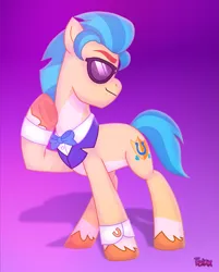 Size: 2631x3274 | Tagged: safe, artist:felux, derpibooru import, hitch trailblazer, earth pony, pony, g5, my little pony: tell your tale, bowtie, clothes, gradient background, image, male, png, smiling, solo, stallion, sunglasses, tuxedo, unshorn fetlocks