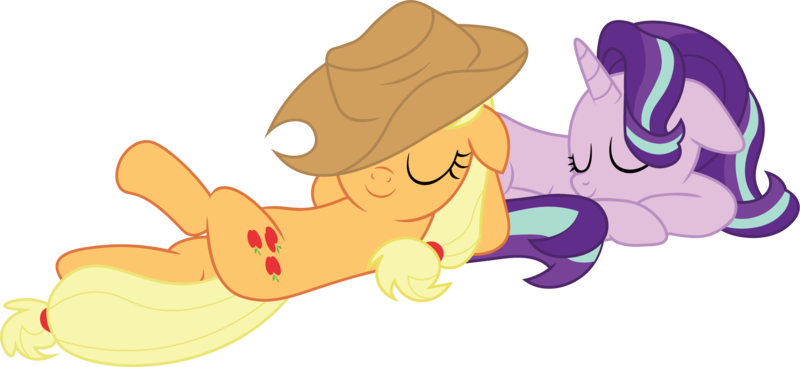 Size: 2378x1091 | Tagged: safe, artist:prixy05, derpibooru import, applejack, starlight glimmer, earth pony, pony, unicorn, duo, duo female, female, g4, glimmerjack, image, lesbian, mare, png, shipping, simple background, sleeping, transparent background, vector