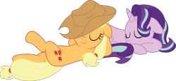 Size: 2378x1091 | Tagged: safe, artist:prixy05, derpibooru import, applejack, starlight glimmer, earth pony, pony, unicorn, duo, duo female, female, g4, glimmerjack, image, lesbian, mare, png, shipping, simple background, sleeping, transparent background, vector