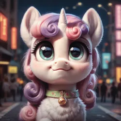 Size: 1536x1536 | Tagged: safe, ai content, derpibooru import, machine learning generated, sweetie belle, unicorn, cute, image, pet collar, png, prompter:ruberoid, solo, weapons-grade cute