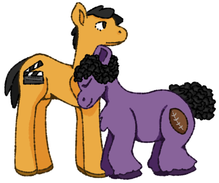 Size: 741x620 | Tagged: safe, artist:foaloutboy, derpibooru import, ponified, pony, g5, abed nadir, clapboard, clapboard snap, community, crouching, cuddling, derpibooru exclusive, embrace, football, image, male, nuzzling, png, ship:trobed, simple background, sports, tall, transparent background, troy barnes