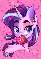 Size: 1431x2048 | Tagged: safe, artist:falafeljake, derpibooru import, starlight glimmer, pony, unicorn, blushing, bowtie, bust, chest fluff, ear piercing, female, heart, image, jpeg, looking at you, mouth hold, piercing, simple background, solo