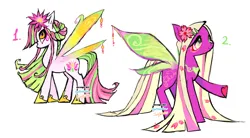 Size: 1280x707 | Tagged: safe, artist:eyerealm, artist:junglicious64, derpibooru import, oc, unofficial characters only, bug pony, insect, pony, adoptable, duo, image, long mane, long tail, png, simple background, smiling, tail, white background