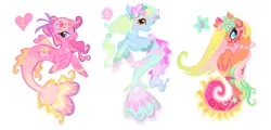 Size: 1280x616 | Tagged: safe, artist:eyerealm, artist:junglicious64, derpibooru import, oc, unofficial characters only, merpony, adoptable, image, png, simple background, smiling, trio, white background