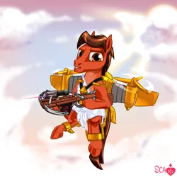 Size: 2000x2000 | Tagged: safe, artist:scarletdex8299, derpibooru import, oc, oc:redgear alloy, earth pony, pony, bolt, cel shading, cloud, color outline, crossbow, cupid, earth pony oc, flying, golden, greek mythology, heart, hearts and hooves day, holiday, image, jetpack, laser pointer, love, male, png, propeller, saddlecopter, scope, shading, sky, sun, tactical, technology, tunic, valentine's day, weapon