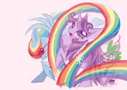 Size: 1280x905 | Tagged: safe, artist:eyerealm, derpibooru import, rainbow dash, spike, twilight sparkle, dragon, pegasus, pony, unicorn, female, g4, image, looking back, male, mare, pink background, png, simple background, smiling, spread wings, trio, unicorn twilight, wings
