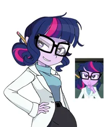 Size: 1340x1530 | Tagged: safe, artist:cheesesauce_45, derpibooru import, sci-twi, twilight sparkle, human, equestria girls, clothes, female, grin, hair bun, hand on hip, image, jpeg, lab coat, lidded eyes, screencap reference, simple background, smiling, solo, white background