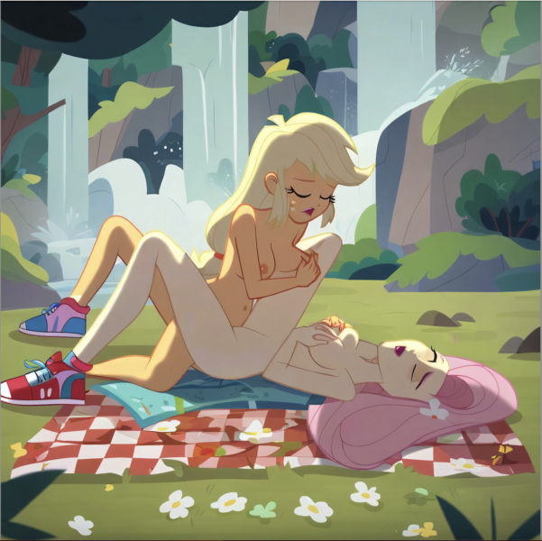 Size: 1414x1412 | Tagged: explicit, ai content, machine learning generated, stable diffusion, applejack, fluttershy, human, equestria girls, breast fondling, busty applejack, busty fluttershy, ecstasy, exhibitionism, eyes closed, forest background, holding leg, image, in love, lesbian couple, lying down, moaning, moaning in pleasure, nudist apple jack, nudist fluttershy, nudity, outdoor sex, picnic blanket, png, seductive pose, sexy, show accurate porn, sneakers, sunbathing, tribadism, waterfall