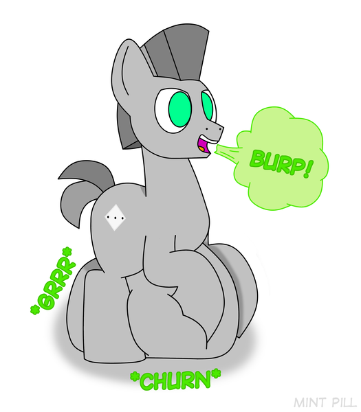 Size: 2720x3109 | Tagged: suggestive, artist:mint pill, derpibooru import, oc, oc:nimble forse, earth pony, pony, belly, belly noises, burp, digestion, image, png, solo, stomach noise, vore
