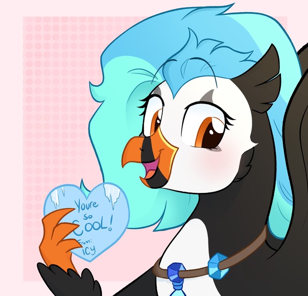 Size: 2048x1966 | Tagged: safe, artist:slushpony, derpibooru import, oc, oc:icebeak, unofficial characters only, classical hippogriff, hippogriff, bust, heart, holding, holiday, image, jewelry, jpeg, looking at you, necklace, pun, text, valentine, valentine's day
