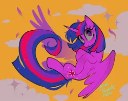 Size: 2048x1611 | Tagged: safe, artist:petaltwinkle, derpibooru import, twilight sparkle, twilight sparkle (alicorn), alicorn, pony, 2024, closed mouth, cloud, cute, eyestrain warning, feather, female, flying, image, jpeg, looking at you, mare, needs more saturation, simple background, smiling, smiling at you, solo, sparkly mane, sparkly tail, spread wings, tail, twiabetes, wings, yellow background