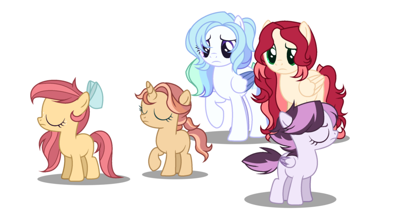 Size: 3012x1610 | Tagged: safe, artist:wonnie-honey-bee, derpibooru import, oc, oc:cloudburst, oc:echo (wonnie-honey-bee), oc:goldie delicious, oc:magnolia, oc:zelda, unofficial characters only, earth pony, pegasus, pony, unicorn, base used, bow, earth pony oc, eyes closed, female, filly, foal, frown, hair bow, horn, image, mare, next generation, offspring, parent:apple bloom, parent:big macintosh, parent:fluttershy, parent:rainbow dash, parent:rumble, parent:scootaloo, parent:soarin', parent:tender taps, parents:fluttermac, parents:rumbloo, parents:soarindash, parents:tenderbloom, pegasus oc, png, pouting, simple background, transparent background, unicorn oc, wings, worried