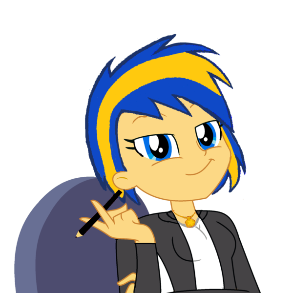 Size: 1316x1316 | Tagged: safe, artist:mlpfan3991, derpibooru import, oc, oc:flare spark, unofficial characters only, human, equestria girls, chair, female, g4, image, pencil, png, simple background, smiling, smug, smug smile, solo, transparent background