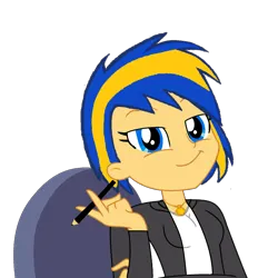 Size: 1316x1316 | Tagged: safe, artist:mlpfan3991, derpibooru import, oc, oc:flare spark, unofficial characters only, human, equestria girls, chair, female, g4, image, pencil, png, simple background, smiling, smug, smug smile, solo, transparent background
