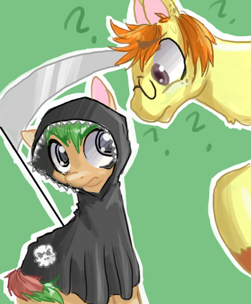 Size: 500x604 | Tagged: safe, artist:frostedminispooner, derpibooru import, oc, oc:grim, oc:nursery rhyme, unofficial characters only, earth pony, pony, ask nursery rhyme, clothes, costume, image, male, nightmare night costume, png, scythe, stallion