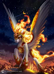 Size: 2976x4096 | Tagged: safe, artist:caddea, derpibooru import, daybreaker, alicorn, pony, antagonist, armor, cloud, crown, digital art, ethereal mane, ethereal tail, eyelashes, eyeshadow, feather, female, flowing mane, flowing tail, g4, gem, helmet, hoof shoes, image, jewelry, jpeg, lidded eyes, looking at you, majestic, makeup, mane of fire, mare, night, peytral, princess shoes, regalia, sky, smiling, smiling at you, snow, solo, spread wings, stars, sunset, tail, tail of fire, villainess, wing armor, wings, yellow eyes