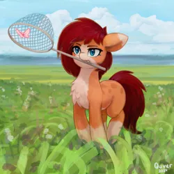 Size: 1500x1500 | Tagged: safe, artist:quvr, derpibooru import, oc, unofficial characters only, butterfly, earth pony, insect, pony, butterfly net, catching, earth pony oc, image, jpeg, mouth hold, net, solo