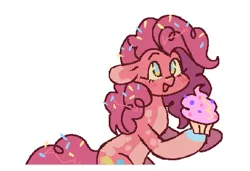 Size: 1044x716 | Tagged: safe, artist:6chocolatepie9, derpibooru import, pinkie pie, earth pony, pony, alternate design, blushing, coat markings, colored hooves, cupcake, dappled, female, floppy ears, food, hair accessory, image, jpeg, looking up, mare, simple background, smiling, solo, sprinkles, twitterina design, underbelly, white background