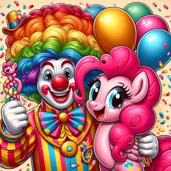Size: 1024x1024 | Tagged: safe, ai content, derpibooru import, machine learning generated, prompter:bigfanbud123, pinkie pie, earth pony, human, pony, balloon, circus, clown, female, image, male, png