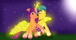 Size: 748x396 | Tagged: safe, artist:artsmlpgen5, derpibooru import, hitch trailblazer, sunny starscout, alicorn, earth pony, g5, my little pony: a new generation, alicornified, artificial horn, artificial wings, augmented, duo, duo male and female, eyes closed, female, grass, hug, image, male, mane stripe sunny, moon, night, png, race swap, shipping, straight, sunnycorn, sunnyhitch, unshorn fetlocks, winghug, wings